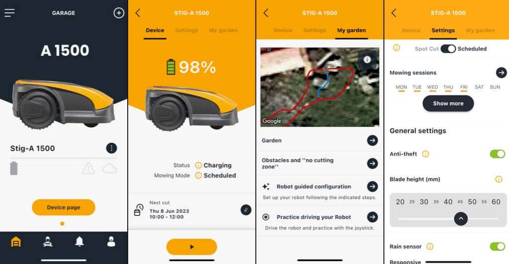 Stiga Experience Stiga-A 1500 gränssnitt i app